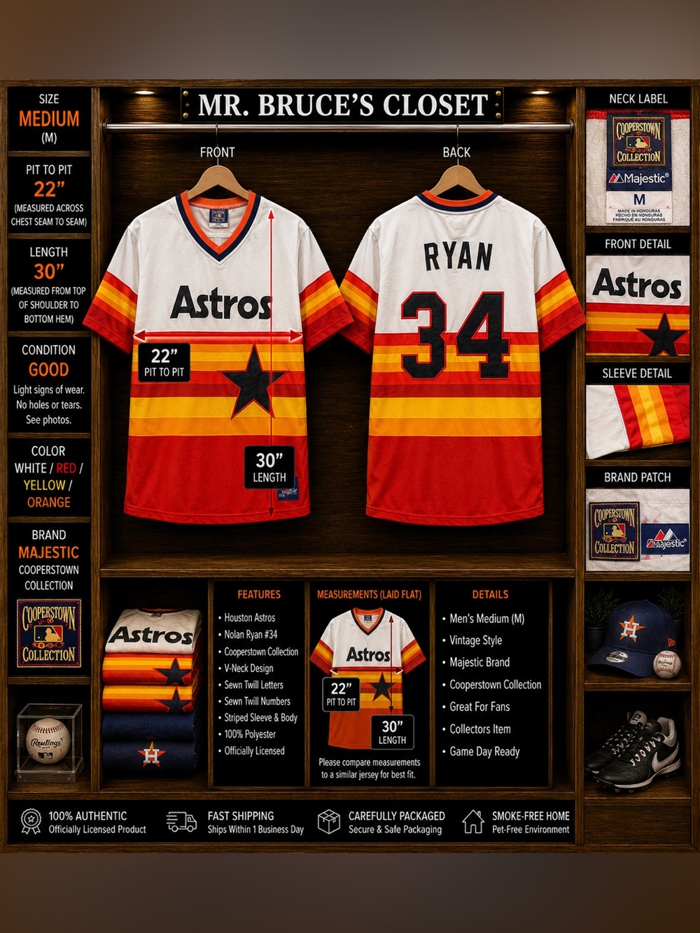 Majestic Astros White Red Yellow Orange Ryan #34 Jersey